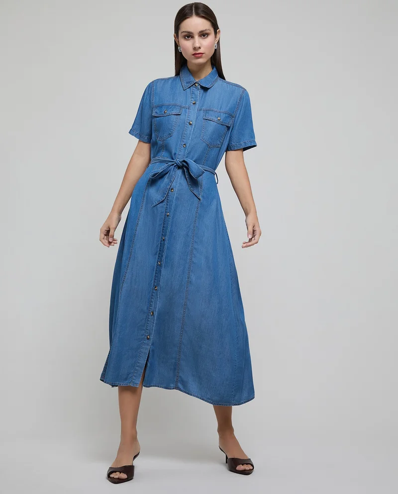 R&B Washed Shirt Dress with Short Sleeves