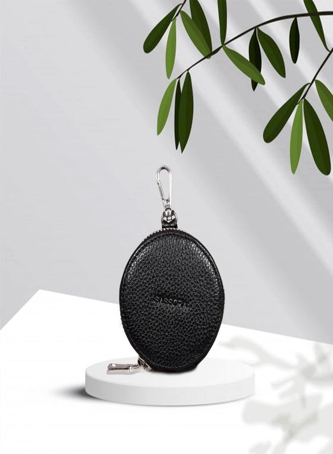 Sassora Premium Leather Women Round Shape Small Accessories Pouch (Black) - Image 4