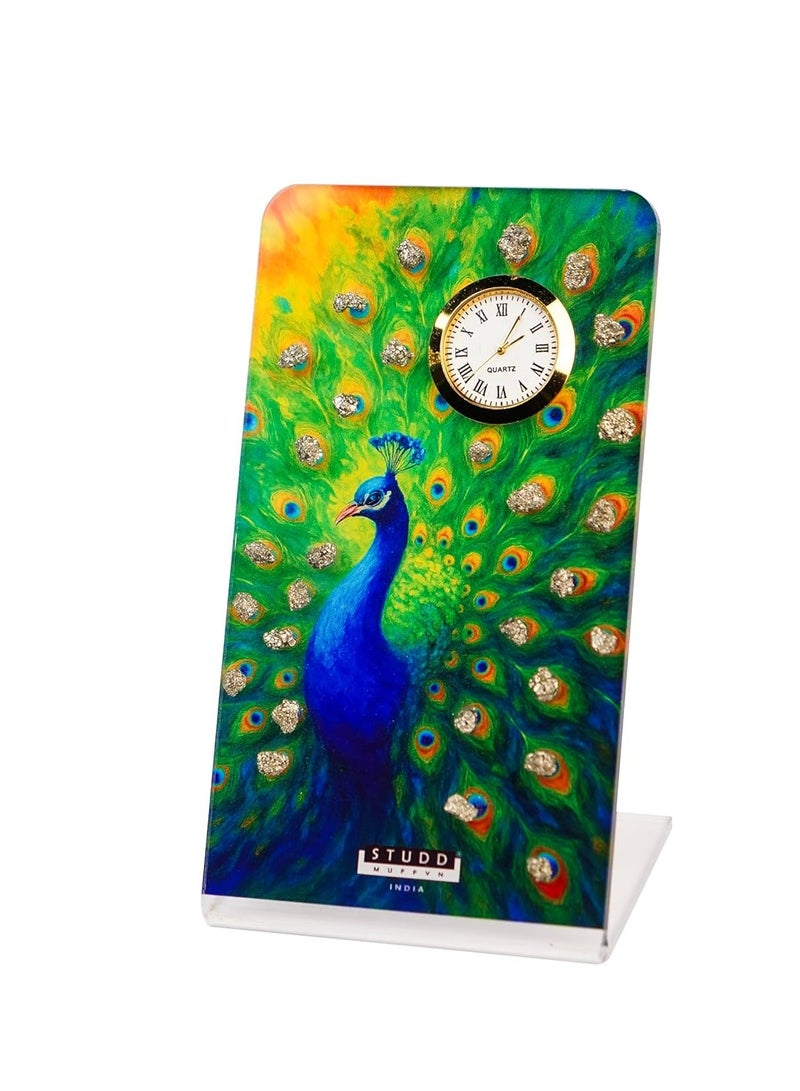 Studd Muffyn | Peacock Pyrite Crystal Table Clock | Decorative Clock with Natural Pyrite Crystals | Vastu Home Decor | for Home & Office - Image 1