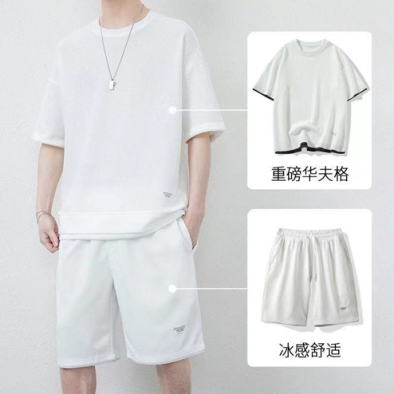 Cross-border 2023 New Casual suit Mens Summer Youth plus size Mens Sports Loose Short Sleeve Short Trend White suit