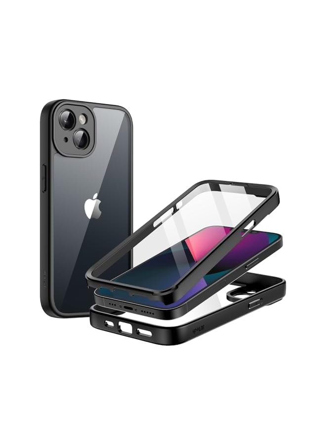 جي تيك جراب لهاتف iPhone 13 مقاس 6.1 بوصة مع واقي شاشة مدمج من الزجاج المقوى، حماية كاملة للجسم بزاوية 360 درجة، غطاء هاتف متين مقاوم للصدمات بظهر شفاف (أسود) - Image 1