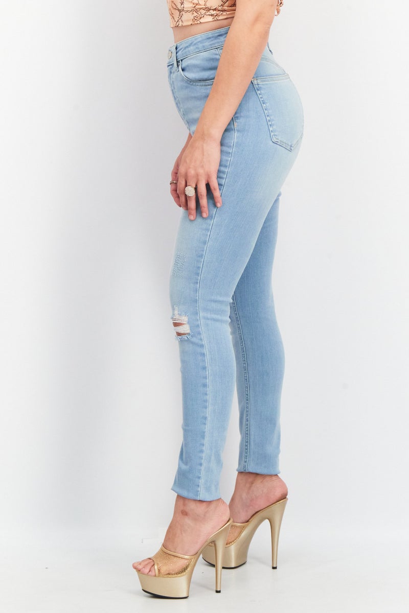 NA-KD Women Skinny Fit Rip Non-Stretchable Jeans, Light Blue - Image 4