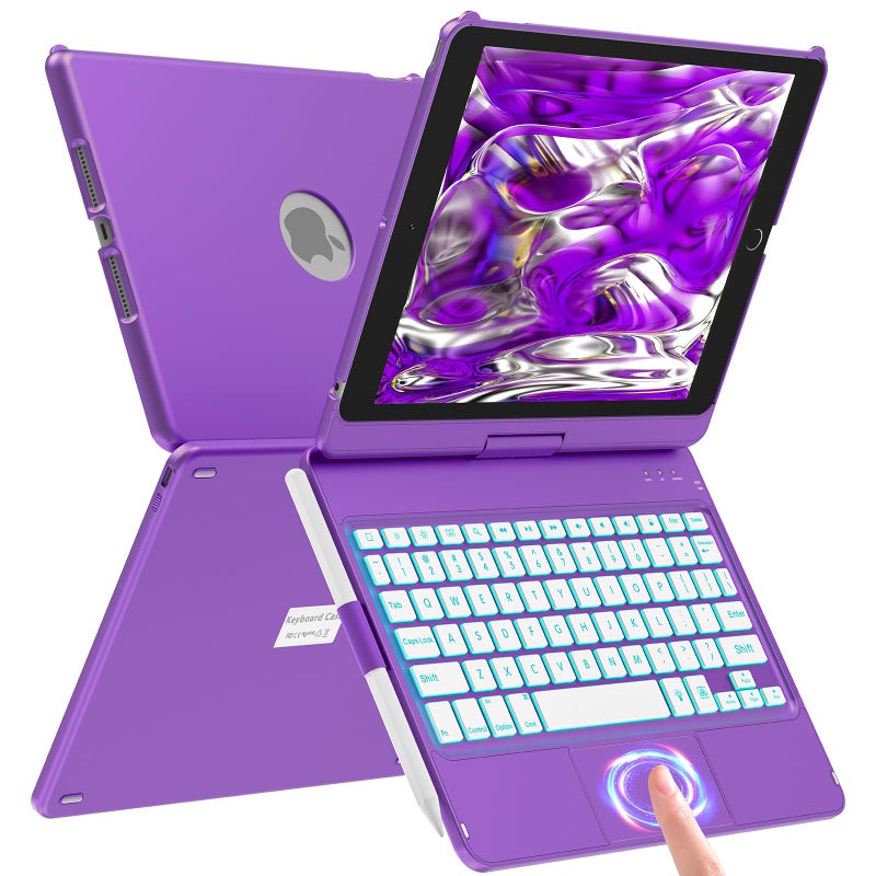 aMZCaSE for iPad 9th/8th/7th Generation Case with Keyboard with Touchpad, 360Â° Slim Cover, Keyboard Case for 9th Generation with Color Blacklit,Pencil Holder,Smart Off/Up(Dark Purple) - Image 1