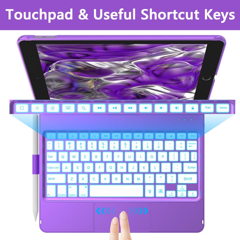 aMZCaSE for iPad 9th/8th/7th Generation Case with Keyboard with Touchpad, 360Â° Slim Cover, Keyboard Case for 9th Generation with Color Blacklit,Pencil Holder,Smart Off/Up(Dark Purple) - Image 4