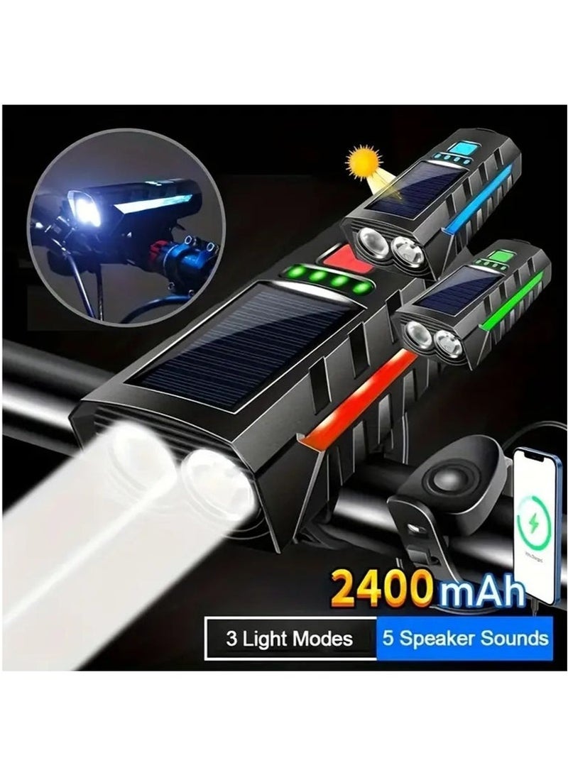 أس تس إل أضواء دراجة قابلة لإعادة الشحن، مصباح أمامي للدراجة للقيادة ليلاً، مصباح مزدوج لشحن سولور وسهل التركيب لشحن الهاتف (أزرق) - Image 2