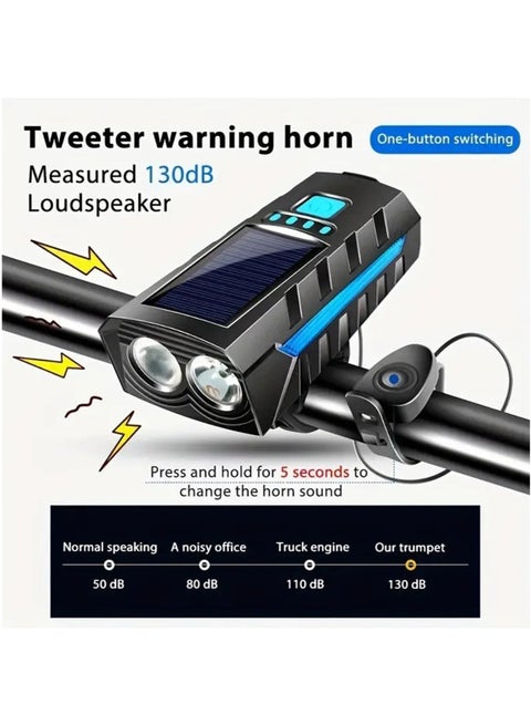 أضواء دراجة قابلة لإعادة الشحن، مصباح أمامي للدراجة للقيادة ليلاً، مصباح مزدوج لشحن سولور وسهل التركيب لشحن الهاتف (أزرق)