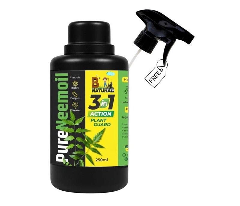 B Natural Organic Neem Oil for Plants 250ml With Free Spray Gun Concentrate Cold Pressed Water Soluble Formula for Garden & Home Plants For Making 50 Neem Spray Bottles - Image 1