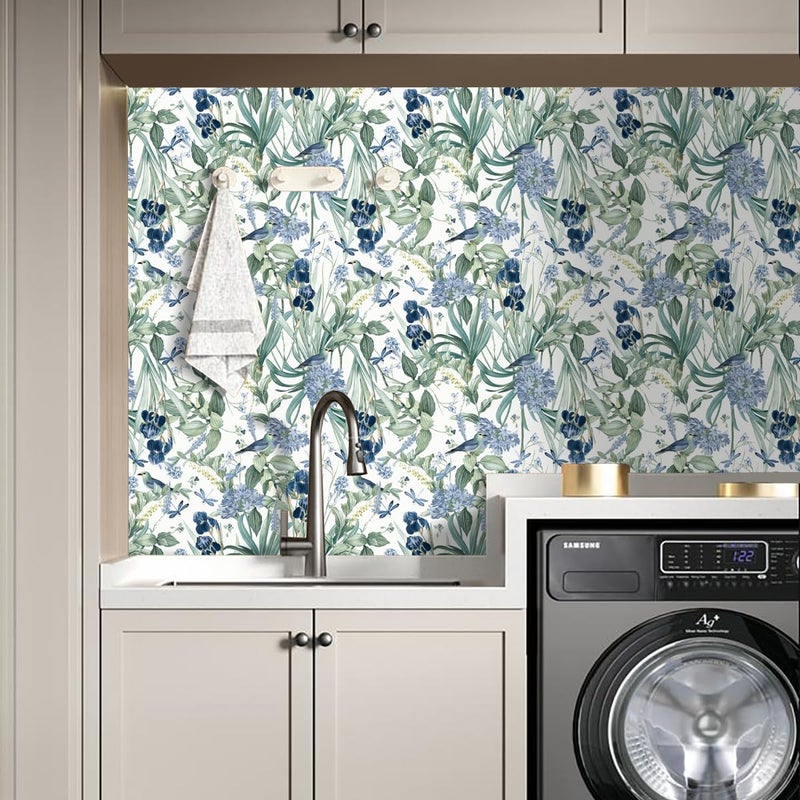 lenify Floral Wallpaper Peel and Stick Blue Flower Contact Paper 16.9inch x118.1inch Vintage Wall Paper Floral Bird Wallpaper for Cabinets Shelf Liner Removable Decor Waterproof White and Blue Vinyl - Image 4