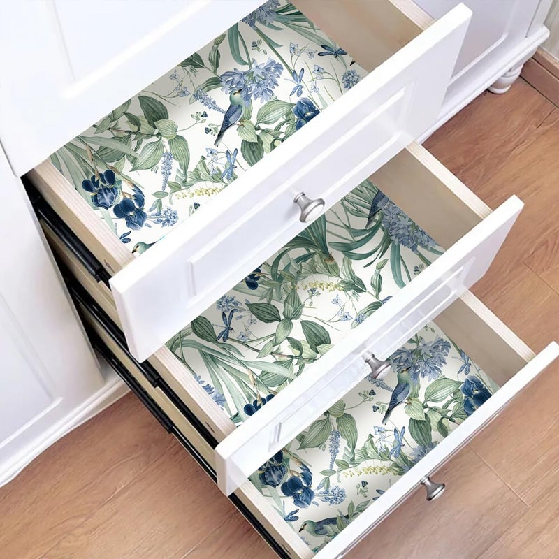 lenify Floral Wallpaper Peel and Stick Blue Flower Contact Paper 16.9inch x118.1inch Vintage Wall Paper Floral Bird Wallpaper for Cabinets Shelf Liner Removable Decor Waterproof White and Blue Vinyl - Image 2