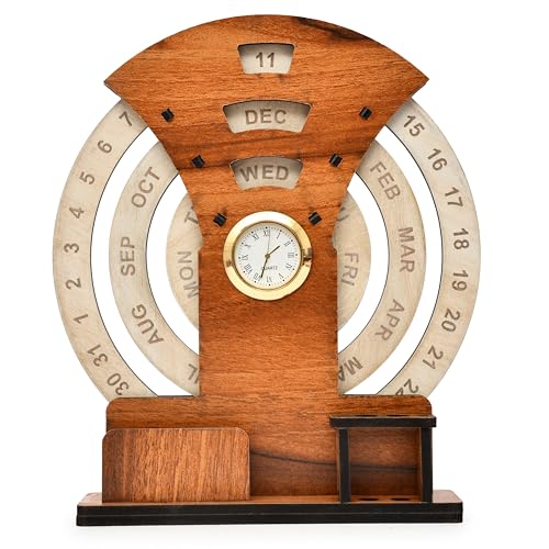 AARGKRAFT Perpetual Calendar Stylish Round Design Calendar Desk Organizer and Pen Stand with Clock, Durable MDF Wood, Easy-to-Use Date Tracker, 8.4-inch Height - Image 1