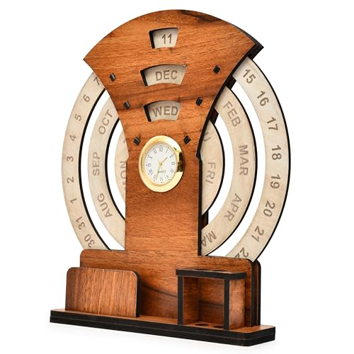 AARGKRAFT Perpetual Calendar Stylish Round Design Calendar Desk Organizer and Pen Stand with Clock, Durable MDF Wood, Easy-to-Use Date Tracker, 8.4-inch Height - Image 3