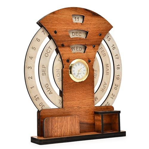AARGKRAFT Perpetual Calendar Stylish Round Design Calendar Desk Organizer and Pen Stand with Clock, Durable MDF Wood, Easy-to-Use Date Tracker, 8.4-inch Height - Image 2