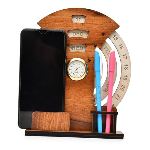 AARGKRAFT Perpetual Calendar Stylish Round Design Calendar Desk Organizer and Pen Stand with Clock, Durable MDF Wood, Easy-to-Use Date Tracker, 8.4-inch Height - Image 4