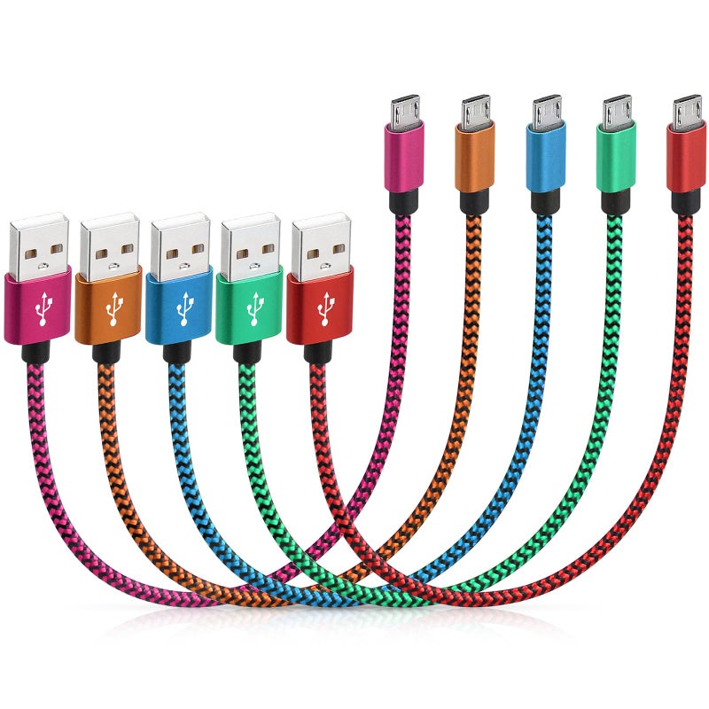 Smays Short Micro USB Cable 5-Pack, 1ft Braided Android Charging and Data Cord Bulk, Multi Color - Image 1