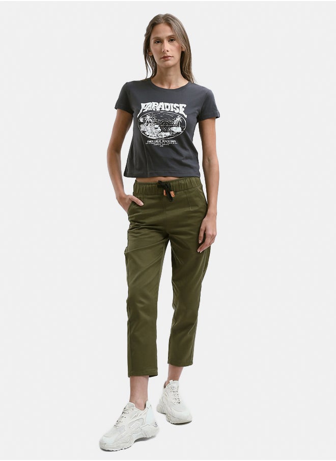 RAVIN - Solid Olive Pants with Elastic Waist - Image 1