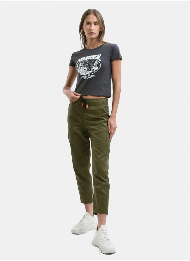 RAVIN - Solid Olive Pants with Elastic Waist - Image 1