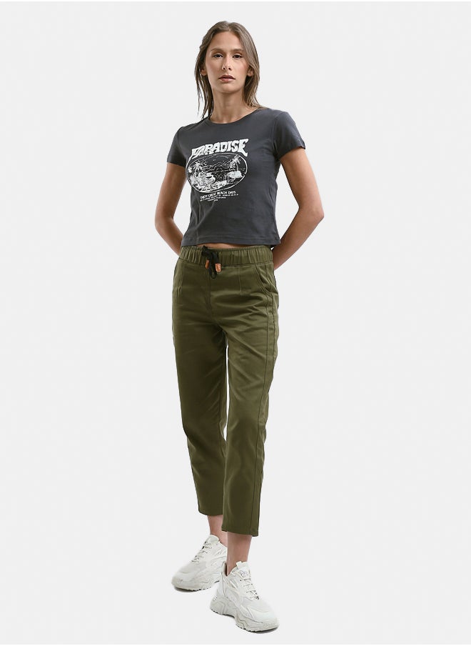 RAVIN - Solid Olive Pants with Elastic Waist - Image 1