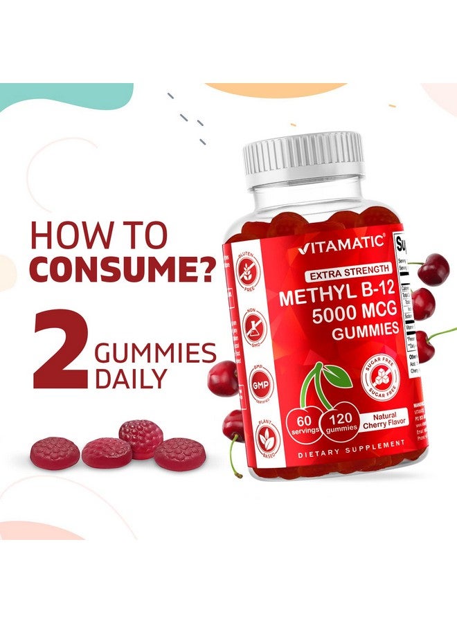 Vitamatic Extra Strength Vitamin B12 5000 mcg (Methyl B12) Gummies - 120 Count - Energy Metabolism Support and Nervous System Health Support, Natural Cherry Flavored (1) - Image 4