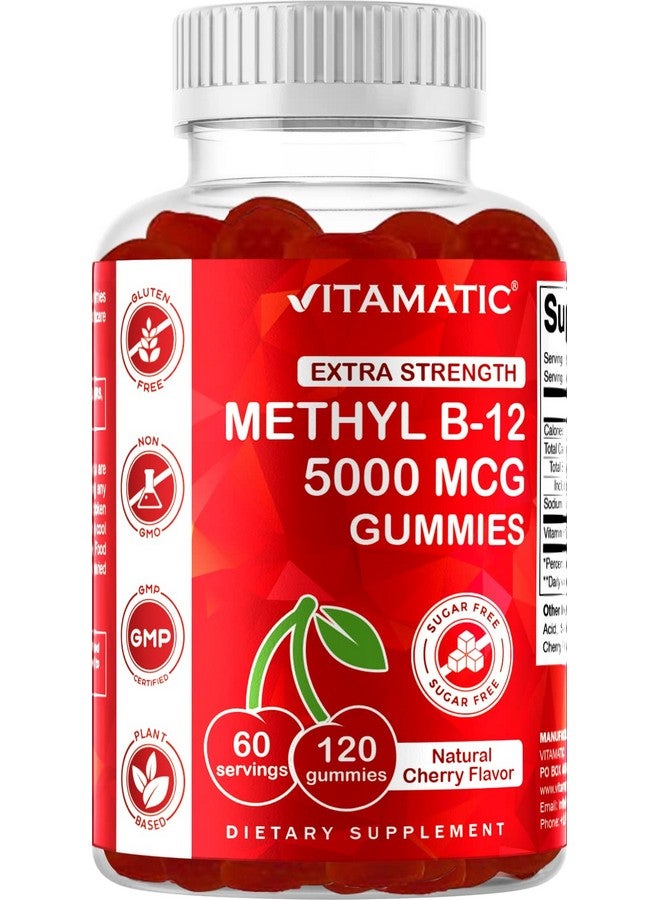 Vitamatic Extra Strength Vitamin B12 5000 mcg (Methyl B12) Gummies - 120 Count - Energy Metabolism Support and Nervous System Health Support, Natural Cherry Flavored (1) - Image 1