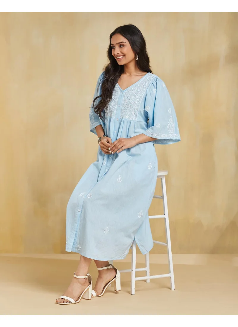 Fabindia Blue Cotton Chikankari Midi Dress
