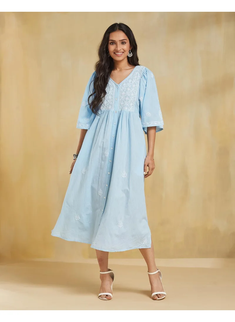 Fabindia Blue Cotton Chikankari Midi Dress