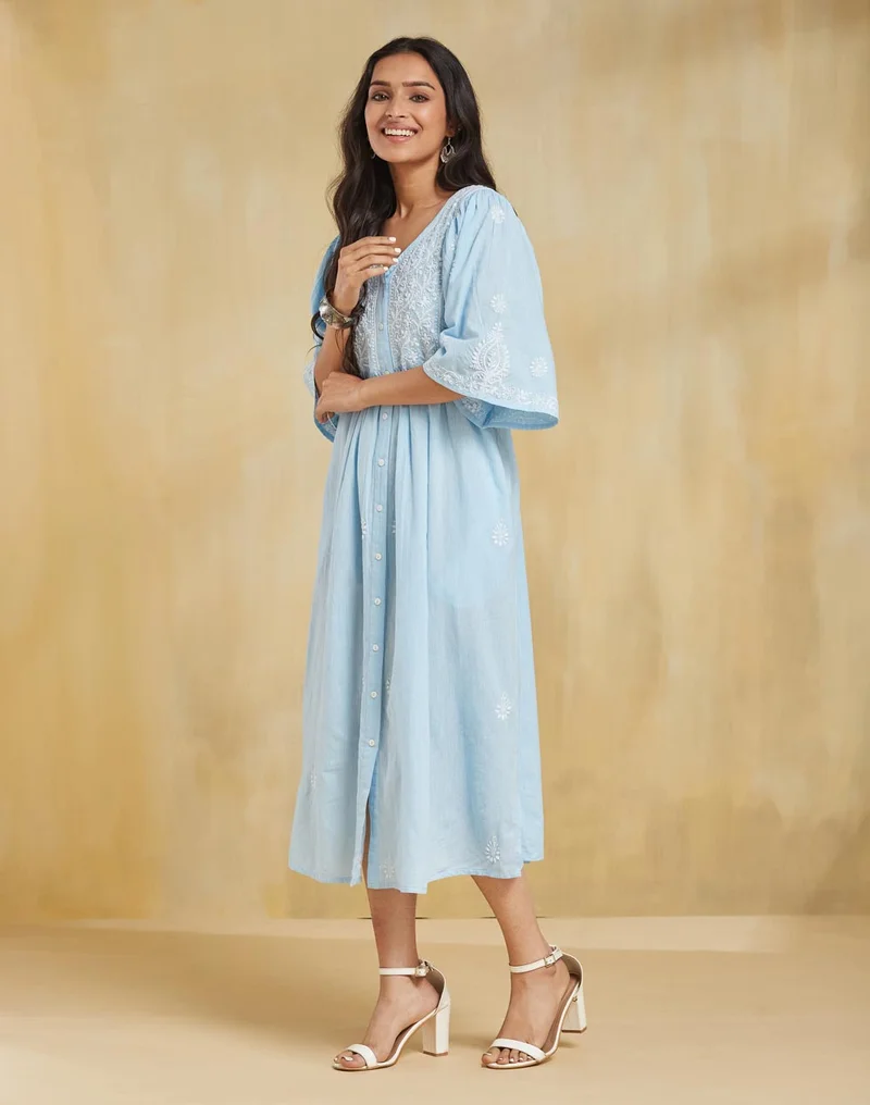 Fabindia Embroidered Cotton Midi Dress