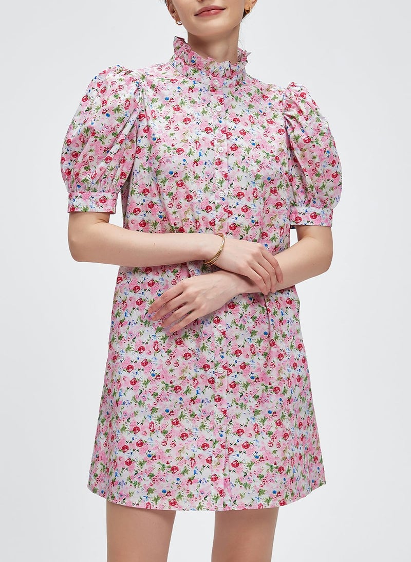 Ladyful Women's Summer Floral Dress Short Sleeve Button Down Shirt Mini Dress Ruffle Mock Neck Shift Sundress Light Pink - Image 4