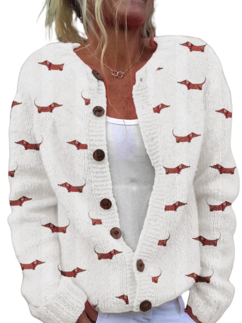 Beopjesk Women's Funny Fall Winter Long Sleeve Animal Dog Lover Button Knit Cardigan Sweater Vintage Knitted Outerwear(Dog-White,M) - Image 1