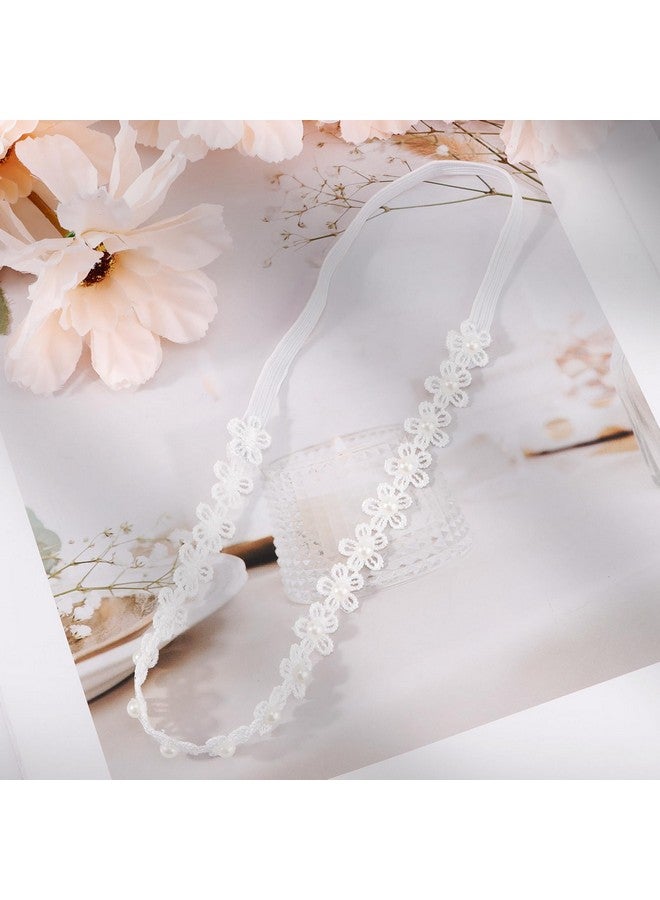 Vovii Adjustable Baptism Headband for Girl, White 15.75 inch Lace Baby Headband Baptism Hair Accessories for Girls, White Newborn Bow Flower Christening Hairband with Pearl for Toddlers Baptism - Image 2