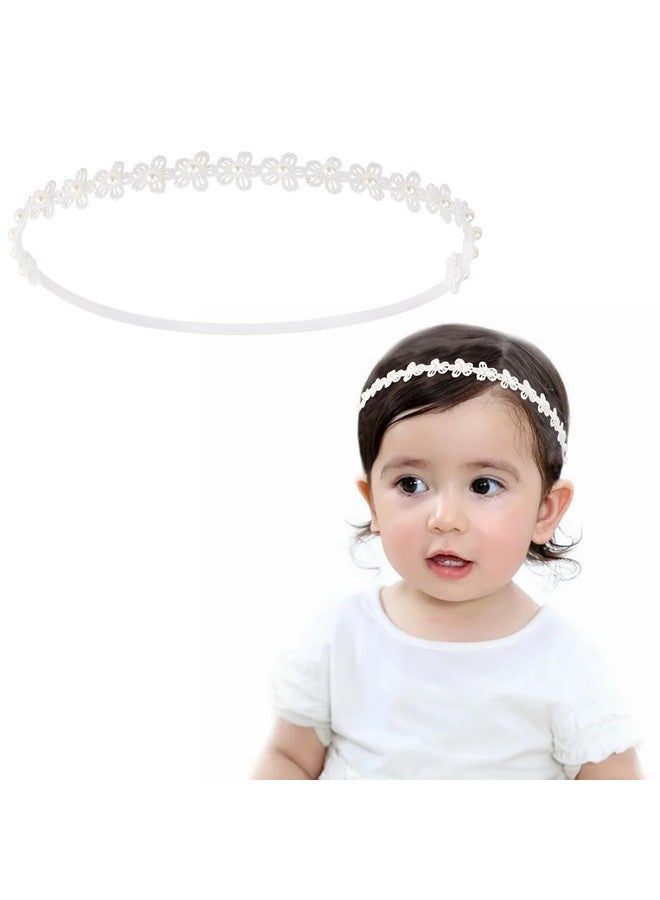 Vovii Adjustable Baptism Headband for Girl, White 15.75 inch Lace Baby Headband Baptism Hair Accessories for Girls, White Newborn Bow Flower Christening Hairband with Pearl for Toddlers Baptism - Image 1