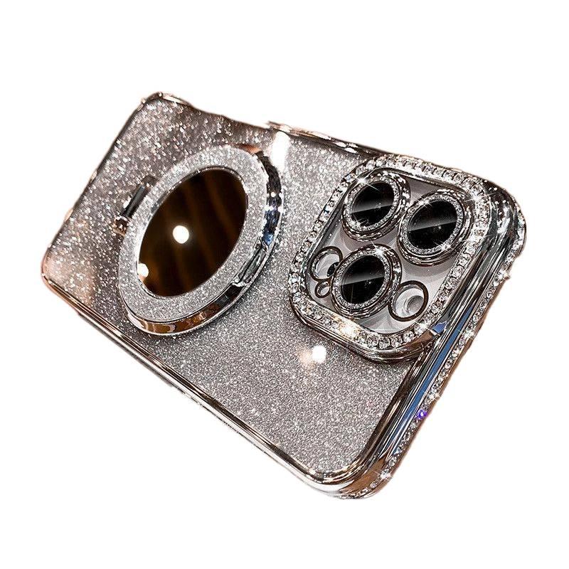 iPhone 14 Plus Case Silicone for iPhone 14 14 Plus 14 Pro 14 Pro Max with Glitter Rhinestone and Makeup Mirror and Kickstand and Full Coverage - Image 1