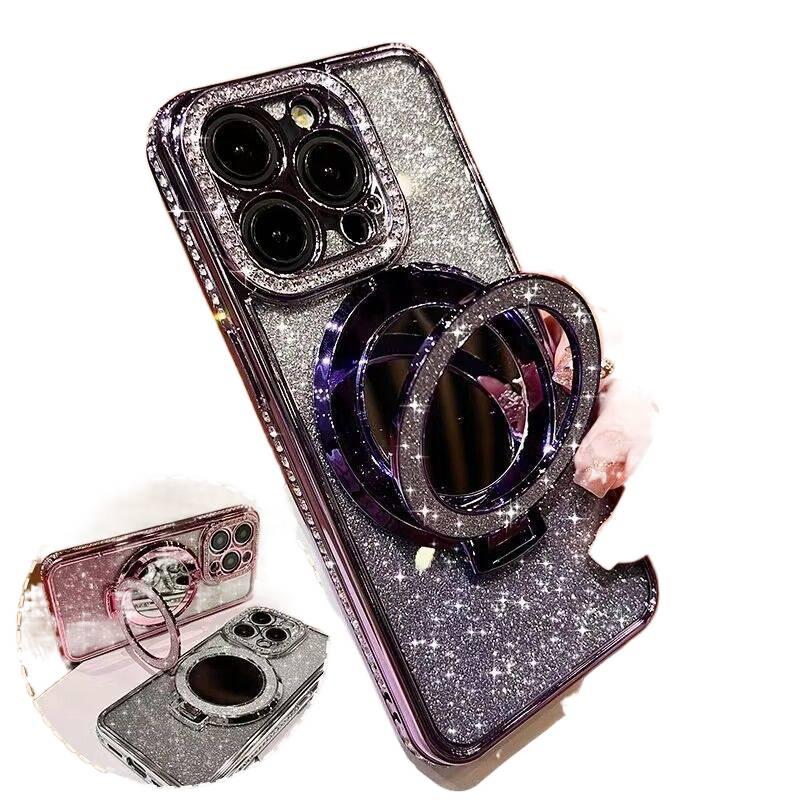 iPhone 14 Plus Case Silicone for iPhone 14 14 Plus 14 Pro 14 Pro Max with Glitter Rhinestone and Makeup Mirror and Kickstand and Full Coverage - Image 2