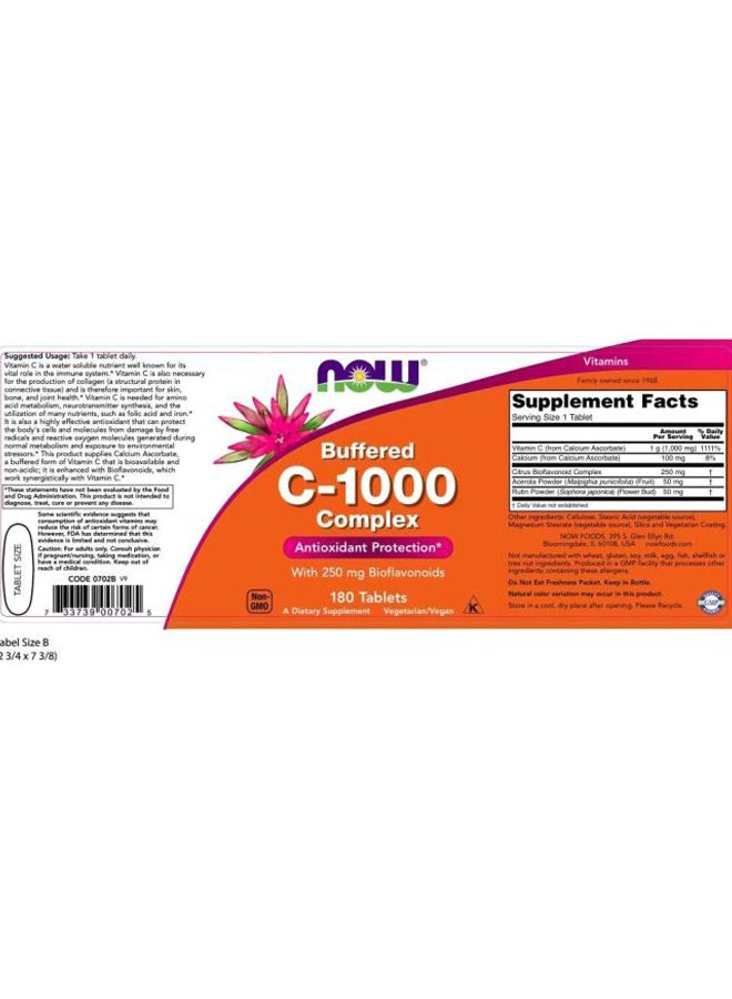 Now Foods Buffered C-1000 Complex With 250mg Of Bioflavonoids - 180 Tablets - Image 3