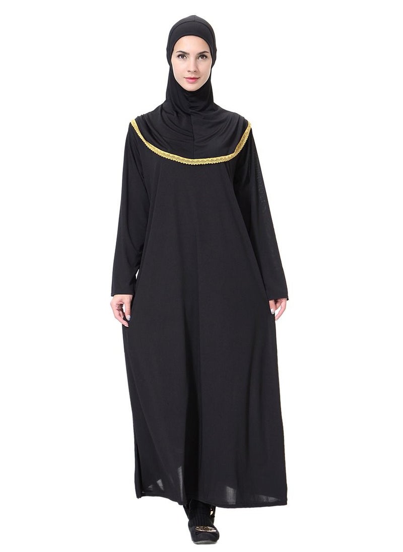 Loquat - Women's Muslim Stylish Hooded Abaya With Hijab Maxi Long Gown Dress Robe Black/Gold - Image 1