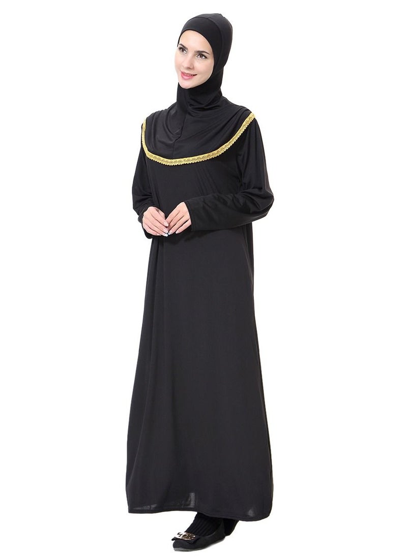 Loquat - Women's Muslim Stylish Hooded Abaya With Hijab Maxi Long Gown Dress Robe Black/Gold - Image 1