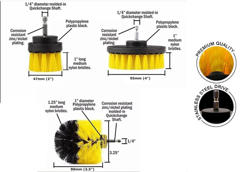 Inditrust Multifunctional Cleaning Scrubbing Plastic Brush Kit with 1/4" Hex Shank for Drill Attachment (Drill NOT Included) (3 Piece Set) - Image 4
