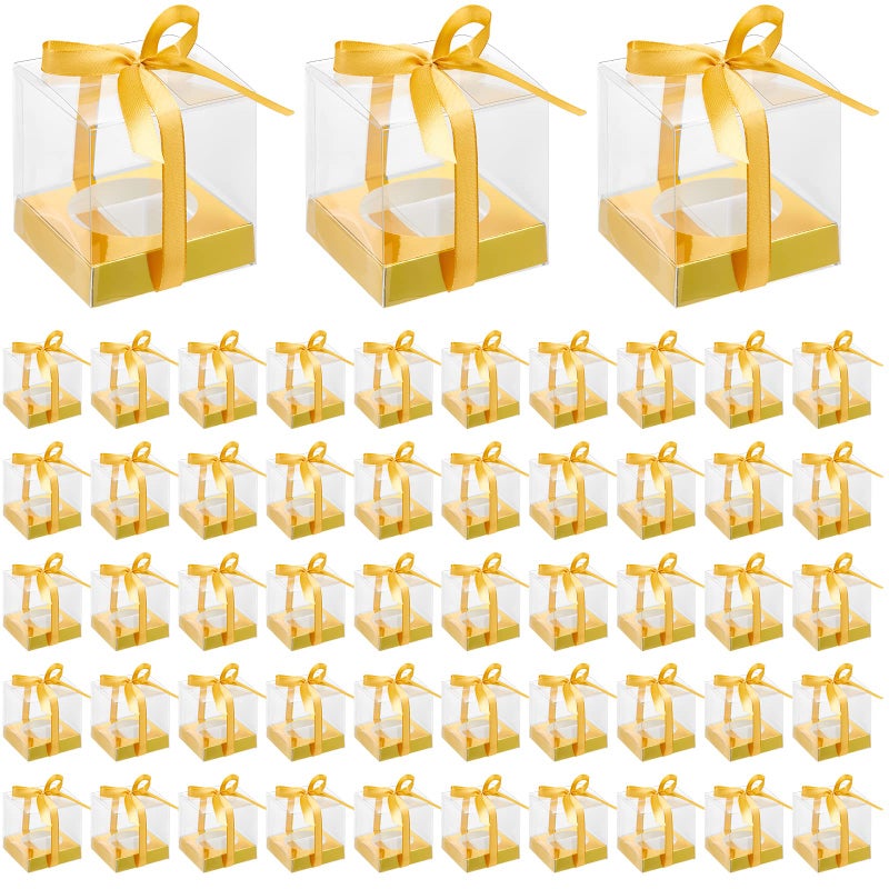 96 Pieces Individual Cupcake Boxes Single Cupcake Container Clear Cupcake Carrier Plastic Cupcake Storage Cupcake Holder with Ribbon and Insert for Wedding Birthday Party Favor 35 x 35 x 35Gold