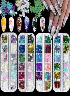 EBANKU 4 Boxes Christmas Snowflake Nail Sequins Glitter Holographic Laser Snowflakes Flake Nail Glitter Confetti Tree Sparkly Nail Sequin For Acrylic Nail Craft Decoration  - Image 1