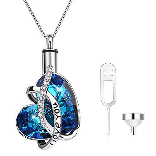 AOBOCO Heart URN Necklace for Women Engraved I love you Sterling Silver Cremation Necklace for Ashes Embellished with Crystals from Austria, Fine Keepsake Memorial Cremation Jewelry for Ashes - Image 1