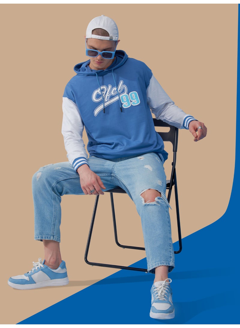 Maniac Mens Printed Hooded Neck Full Sleeve Denim Blue and White Cotton Sweatshirt - Image 2