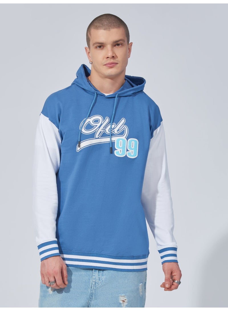 Maniac Mens Printed Hooded Neck Full Sleeve Denim Blue and White Cotton Sweatshirt - Image 1