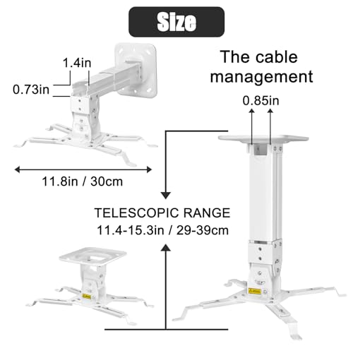 2-Be-Best Heavy Duty Projector Mount Max Load 45lbs / 21kg Extendable 11.4-15.3in / 29-39cm Projectors Ceiling Mount Universal Projector Mounts Angle Adjustable Strong White - Image 2