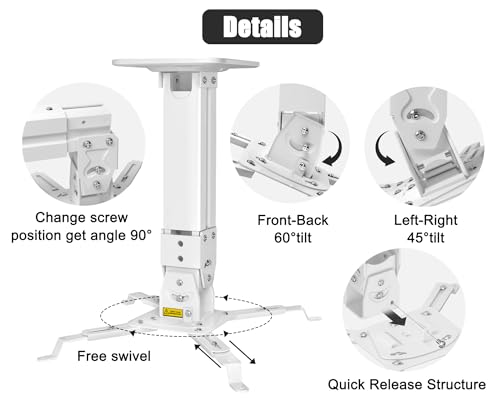 2-Be-Best Heavy Duty Projector Mount Max Load 45lbs / 21kg Extendable 11.4-15.3in / 29-39cm Projectors Ceiling Mount Universal Projector Mounts Angle Adjustable Strong White - Image 4