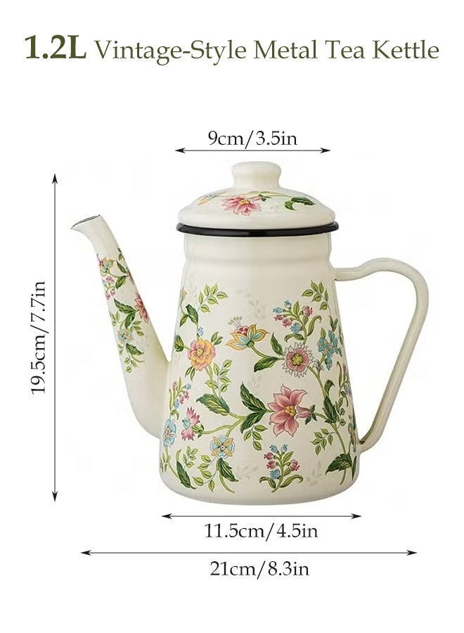 Forthcan 1.2L Enamel Coffee Pot with Floral Design, Vintage Pour-Over Kettle, Narrow Spout Teapot for Boiling Water & Brewing Coffee/Tea, Compatible with Gas & Electric Stoves - Image 5