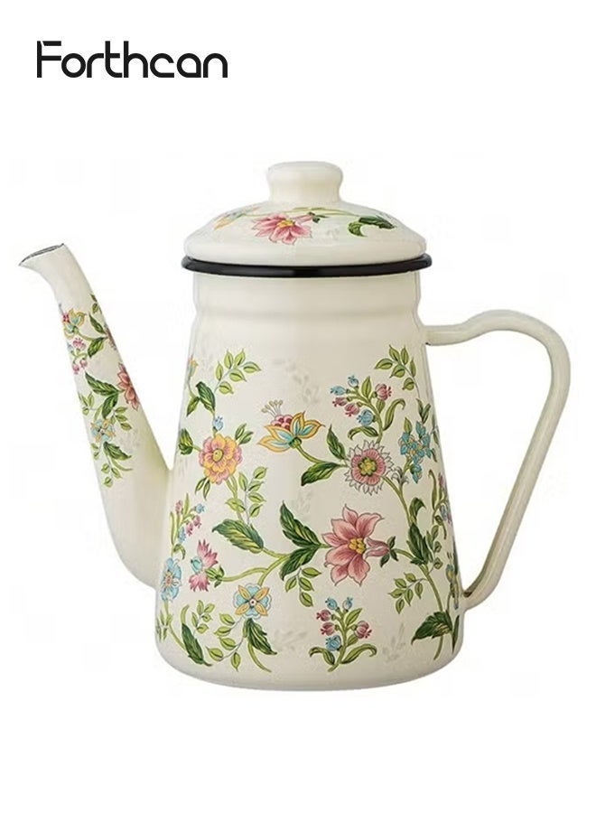 Forthcan 1.2L Enamel Coffee Pot with Floral Design, Vintage Pour-Over Kettle, Narrow Spout Teapot for Boiling Water & Brewing Coffee/Tea, Compatible with Gas & Electric Stoves - Image 4