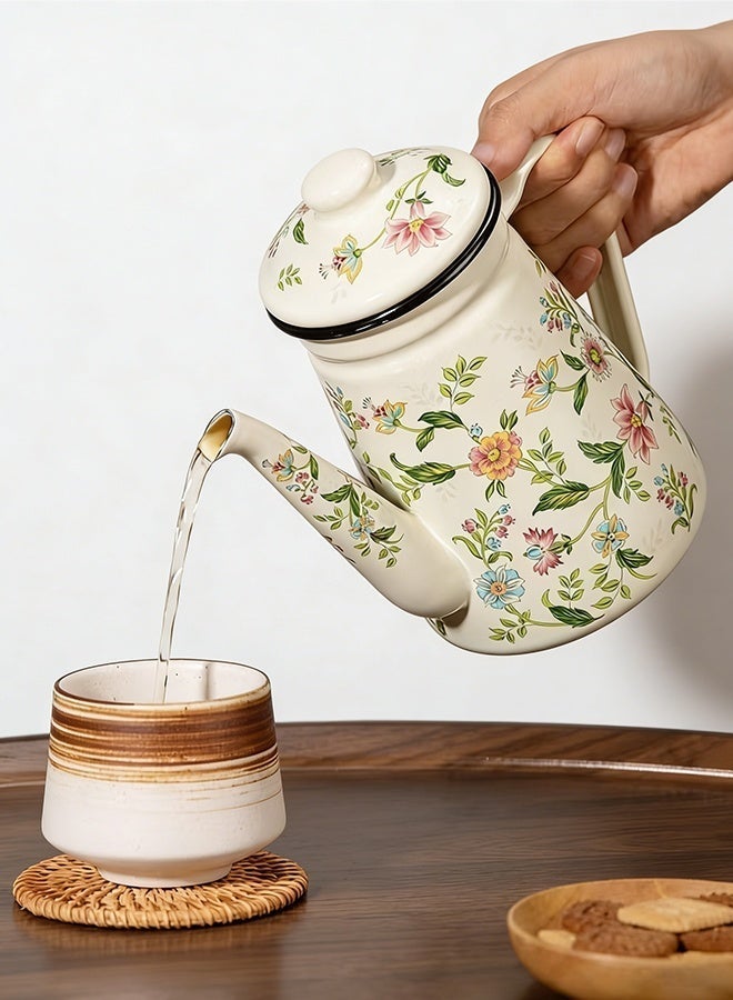 Forthcan 1.2L Enamel Coffee Pot with Floral Design, Vintage Pour-Over Kettle, Narrow Spout Teapot for Boiling Water & Brewing Coffee/Tea, Compatible with Gas & Electric Stoves - Image 3