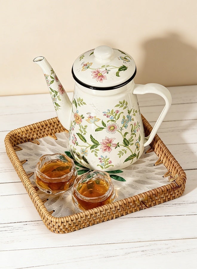Forthcan 1.2L Enamel Coffee Pot with Floral Design, Vintage Pour-Over Kettle, Narrow Spout Teapot for Boiling Water & Brewing Coffee/Tea, Compatible with Gas & Electric Stoves - Image 1