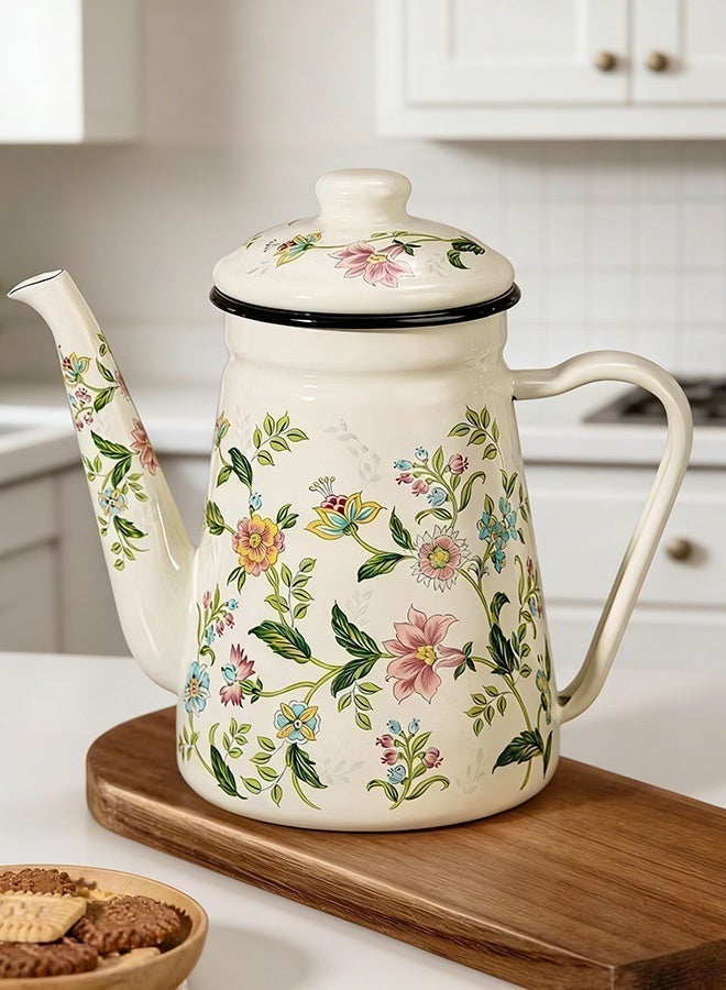 Forthcan 1.2L Enamel Coffee Pot with Floral Design, Vintage Pour-Over Kettle, Narrow Spout Teapot for Boiling Water & Brewing Coffee/Tea, Compatible with Gas & Electric Stoves - Image 2