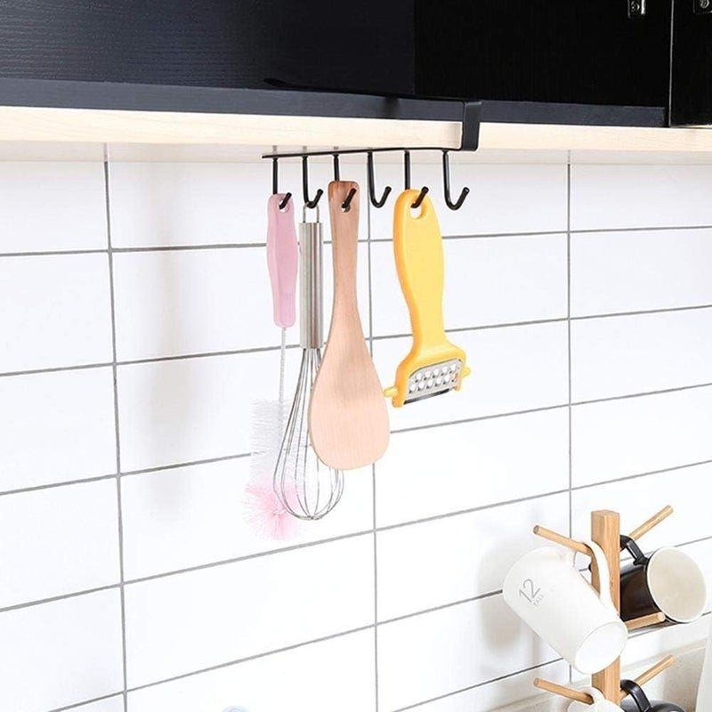 6 Hooks Under Shelf Multi-Functional Kitchen Hanging Cup Holder - Black, Stainless Steel - Image 3