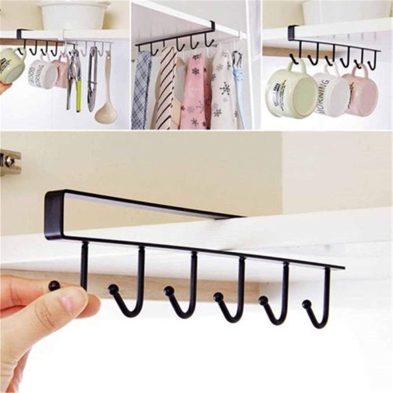 6 Hooks Under Shelf Multi-Functional Kitchen Hanging Cup Holder - Black, Stainless Steel - Image 2